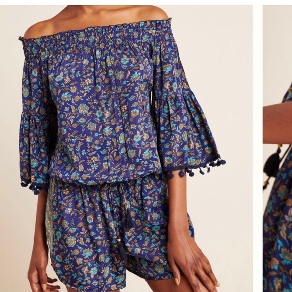 Raga Anthropologie Romper Womens Off Shoulder Floral Pom Pom Blue Green XS - Picture 1 of 7